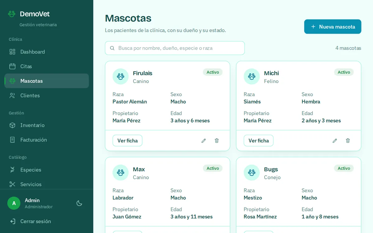 Pantalla de mascotas del sistema para veterinarias: una ficha por paciente con su raza, sexo, propietario y edad.